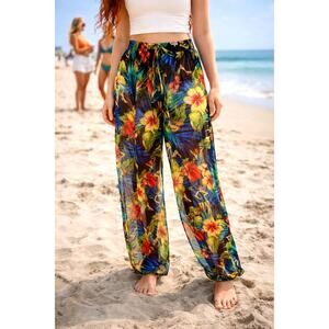 Kathy Ireland Sheer Drawstring Coverup Floral Vintage Pin Up Girl Pants - L